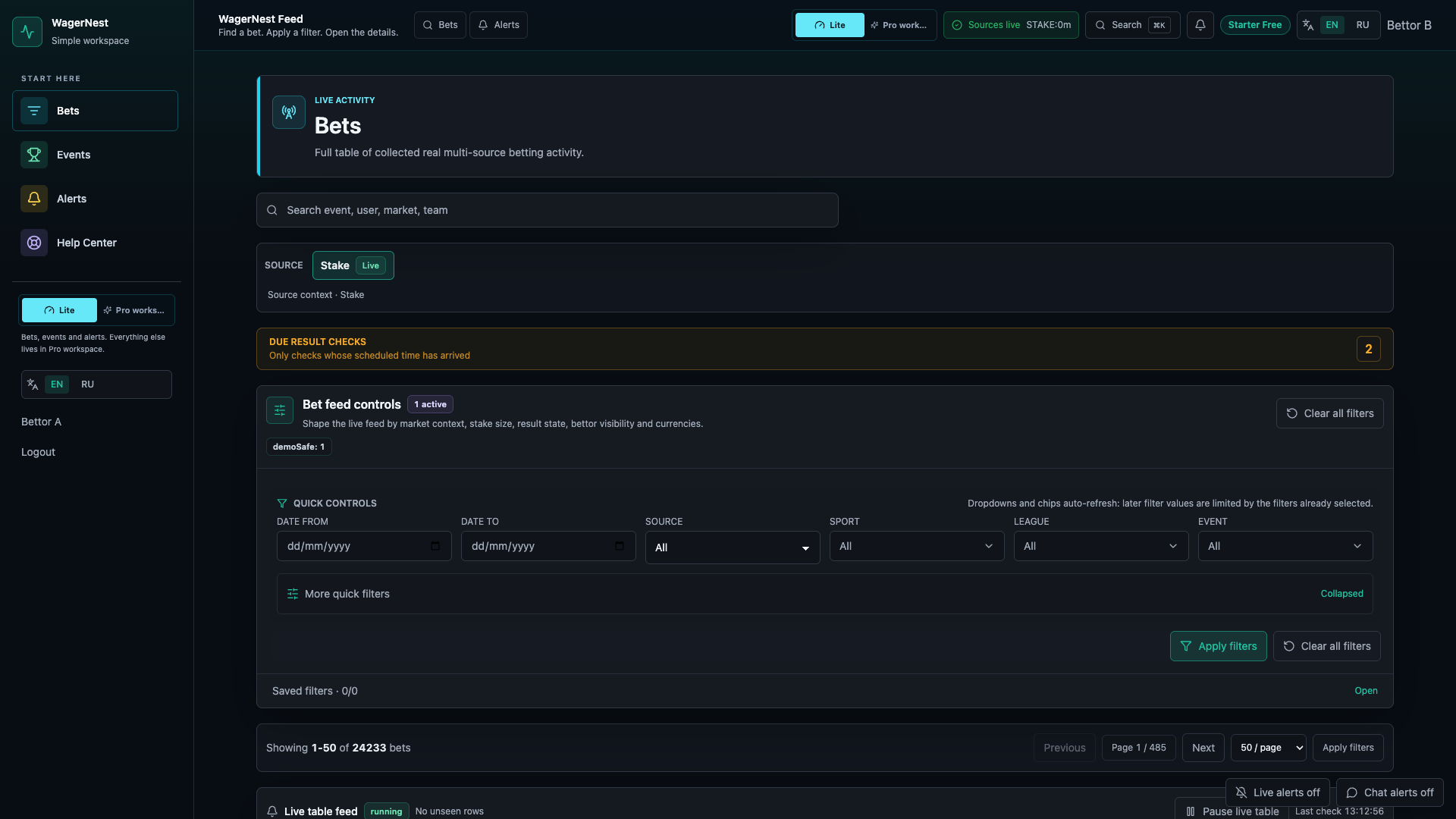 WagerNest bet feed with filters and source context